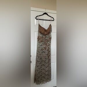 Sparkling Bronze Lace Maxi Dress with Beaded Bodice